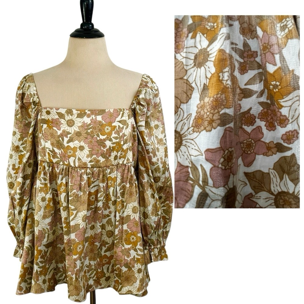 STORIA Floral Puff Sleeve Babydoll TOP M Fairy Cottage Peasant Regency Feminine